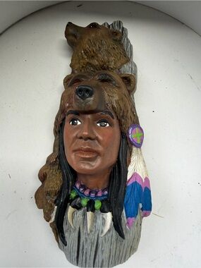 Hand-Painted Brown Bear Headdress Wall Sculpture - Rustic Home Art